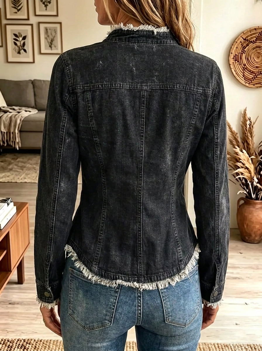 Women's Distressed Raw Edge Zip-Front Denim Jacket