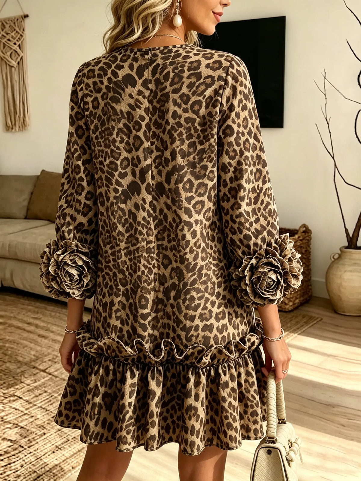 Women's 3D Floral Cuff Leopard Mini Dress