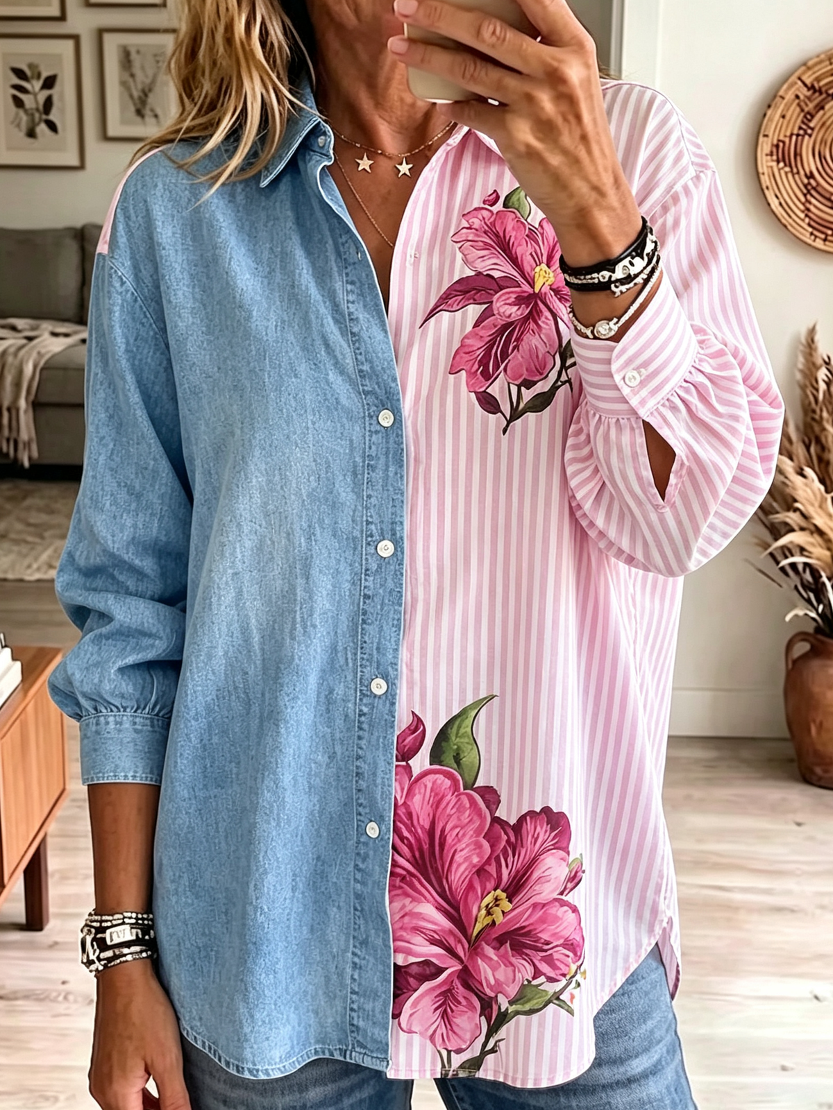 Women's Patchwork Denim Striped Floral Shirt