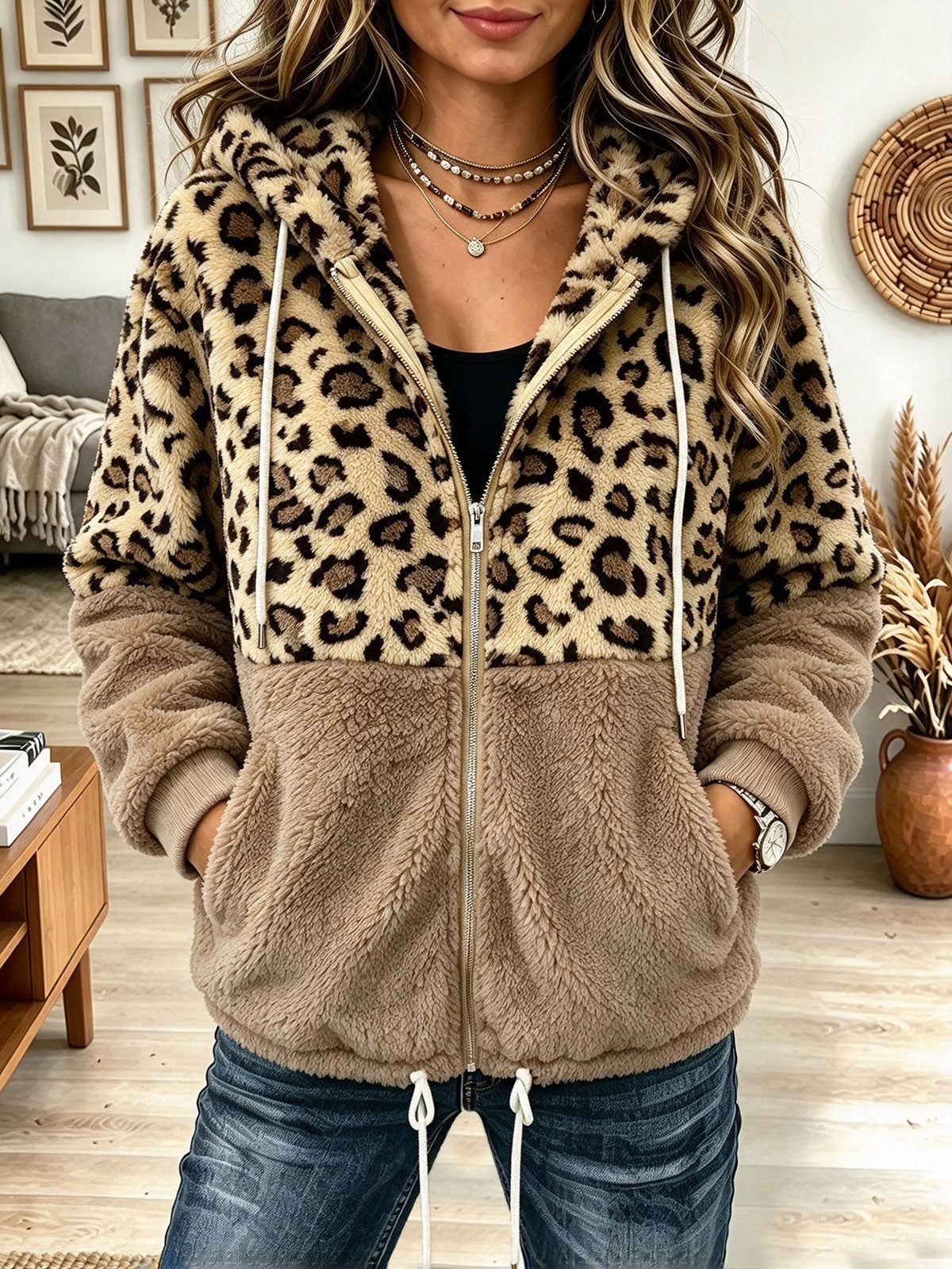 Women's Leopard Print Fuzzy Fleece Zip-Up Hoodie with Drawstring