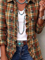 Retro Plaid Pattern Art Print Ruffle Casual Stylish Cotton Lapel Coat