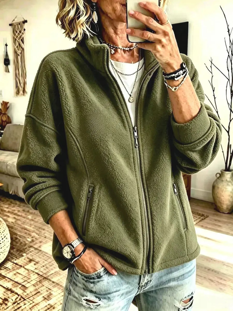 Cozy Warm Fleece Zip Art Casual Stylish Long Sleeve Coat