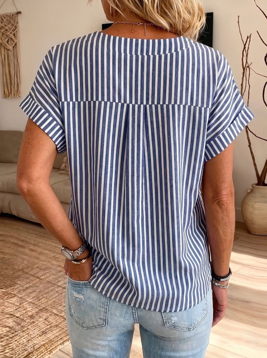 Women Blue White Stripe V Neck Blouse Short Cuffed Sleeve Casual Loose Top
