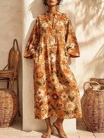 Retro Floral Pattern Art Print Casual V-neck Cotton Linen Maxi Dress