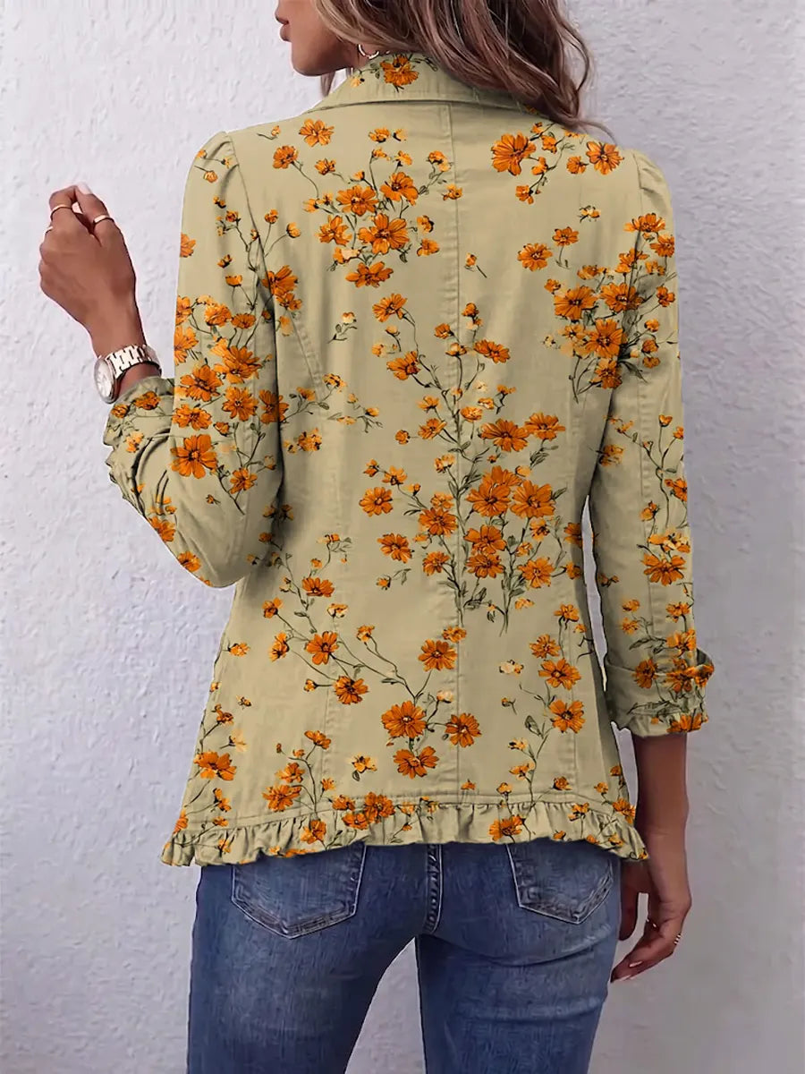 Retro Floral Pattern Art Print Ruffle Casual Stylish Cotton Lapel Coat