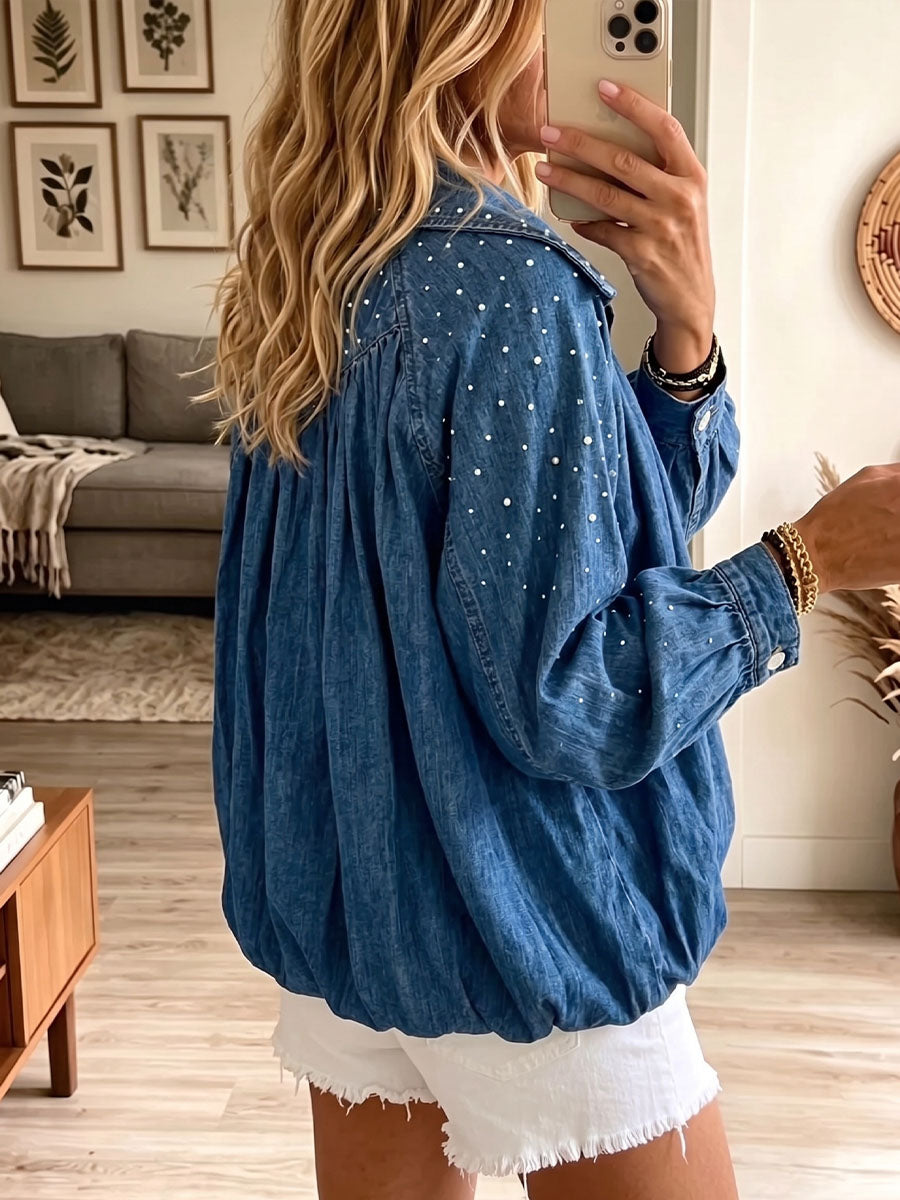 Vintage Elegant Sparkling Rhinestones Denim Zipper Jacket