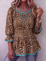 Vintage Elegant Cotton Linen Patchwork Elasticated Leopard Print Shirt