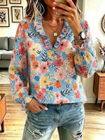 Vintage Floral Pattern Art Casual Stylish Long Sleeve Cotton Linen Shirt