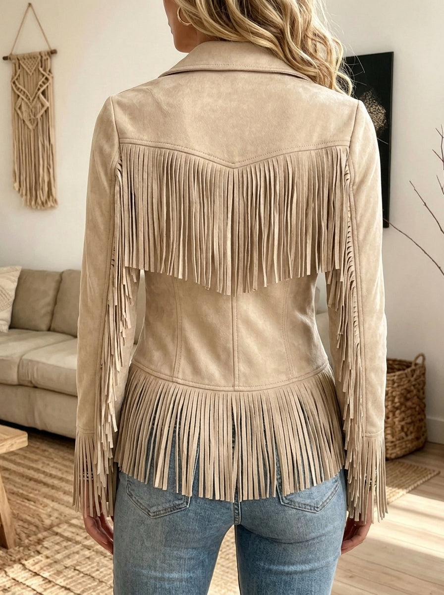 Women Western Suede Fringe Jacket Lapel Zipper Up Embroidery Long Sleeve Slim Fit Outerwear