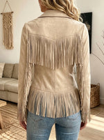 Women Western Suede Fringe Jacket Lapel Zipper Up Embroidery Long Sleeve Slim Fit Outerwear