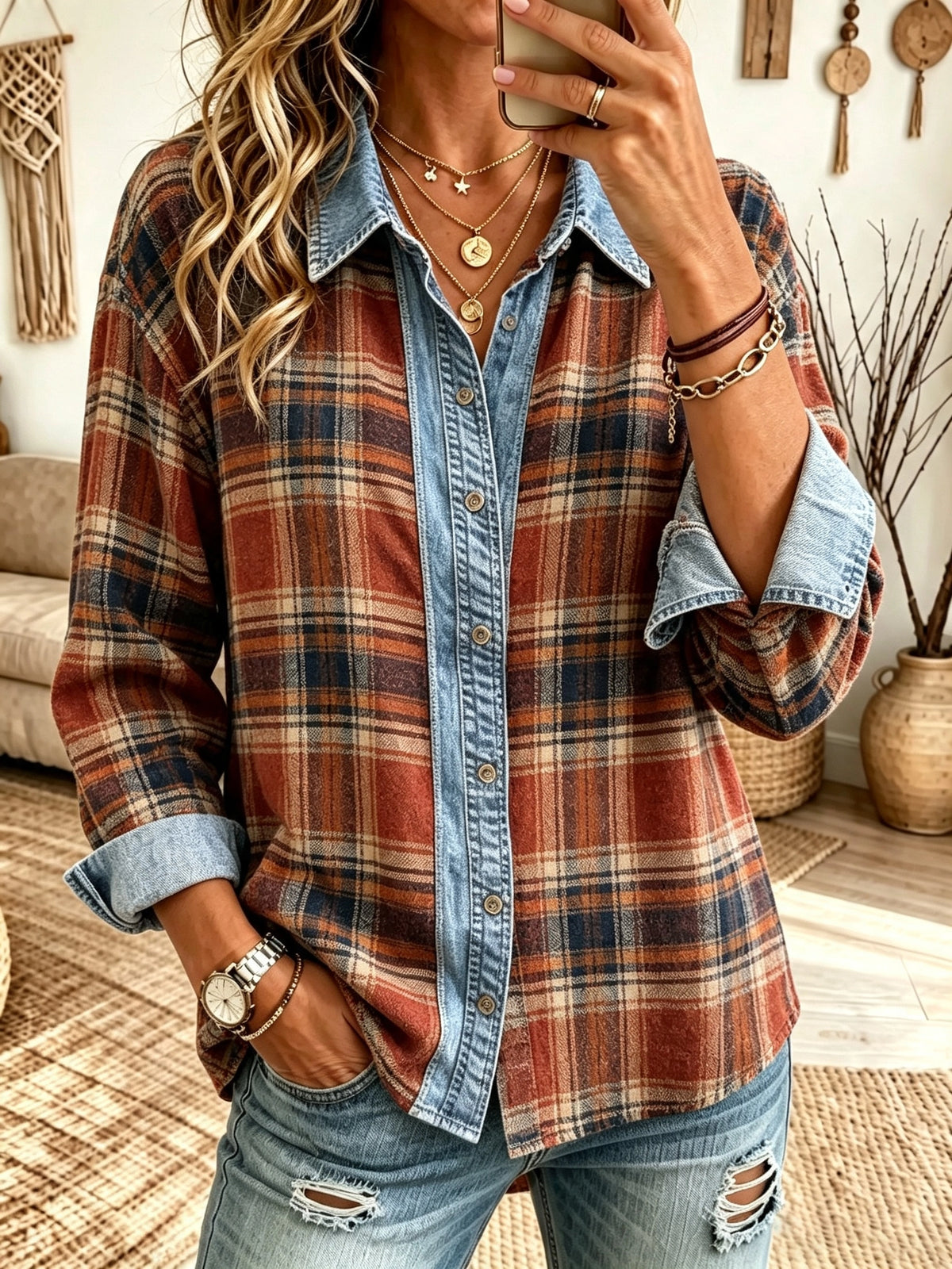 Women's Plaid Denim-Patch Button-Down Shirt