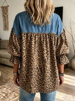 Women Denim Leopard Patchwork Ruffle Collar Puff Sleeve Loose Blouse