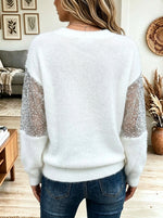 Women Sequined Mesh Sleeve Fuzzy Crew Neck Knit Sweater