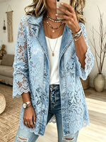 Women's Sheer Floral Lace Denim Cardigan Jacket