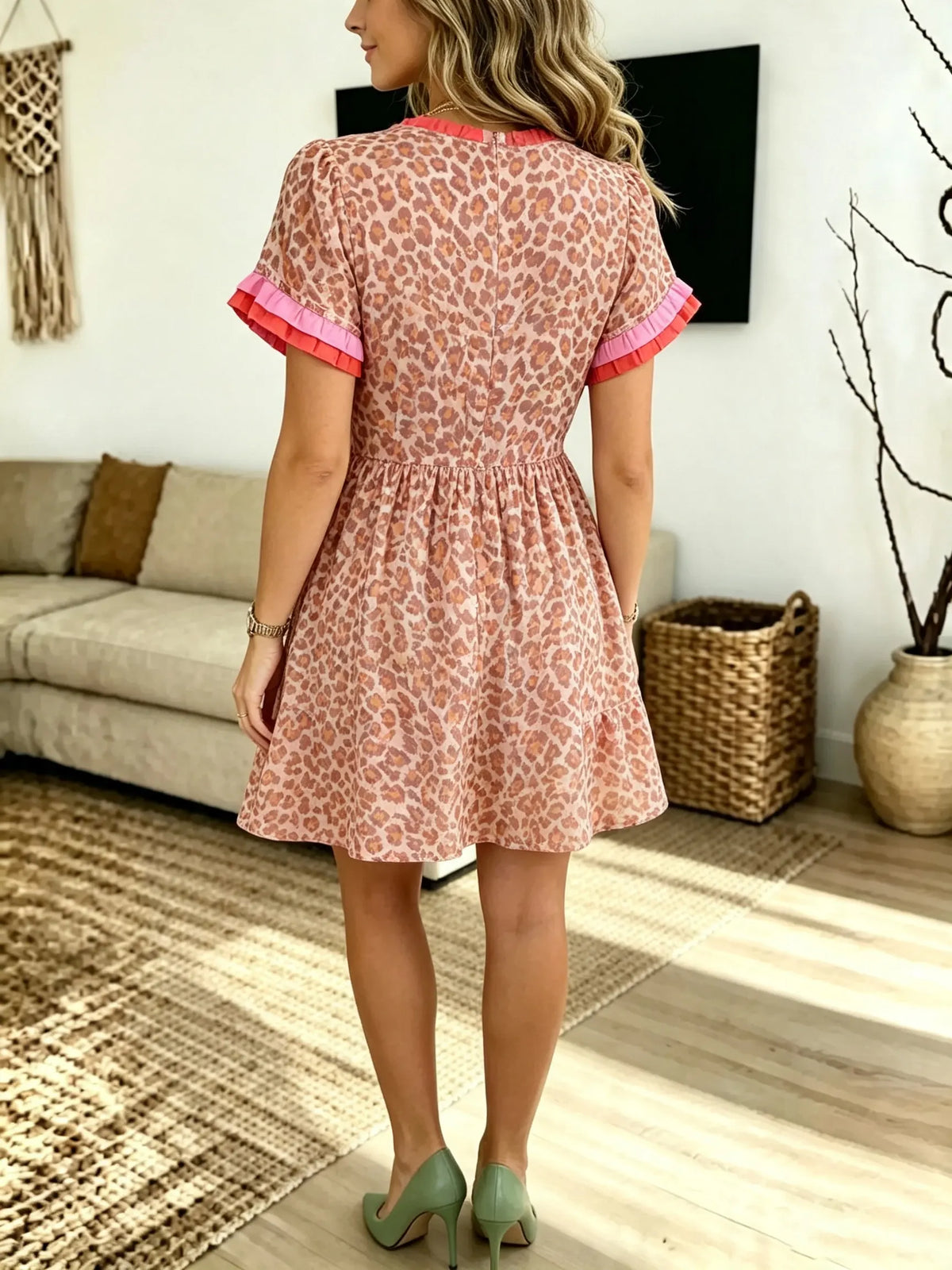 Women's Leopard Ruffle V-Neck Mini Dress