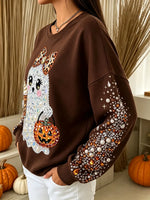 Vintage Autumn Halloween Ghost Pumpkin Art Print Crewneck Sweatshirt
