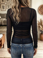 Women's Ruched Sheer Mesh Studded Long-Sleeve Top