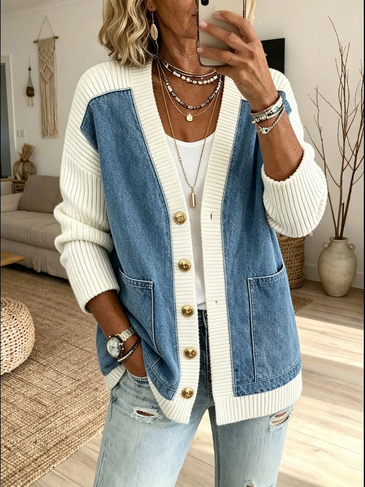 Women Denim Knit Spliced V‑Neck Cardigan