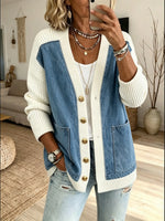 Women Denim Knit Spliced V‑Neck Cardigan