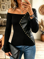 Women's Asymmetrical Studded Faux Leather Ribbed Top