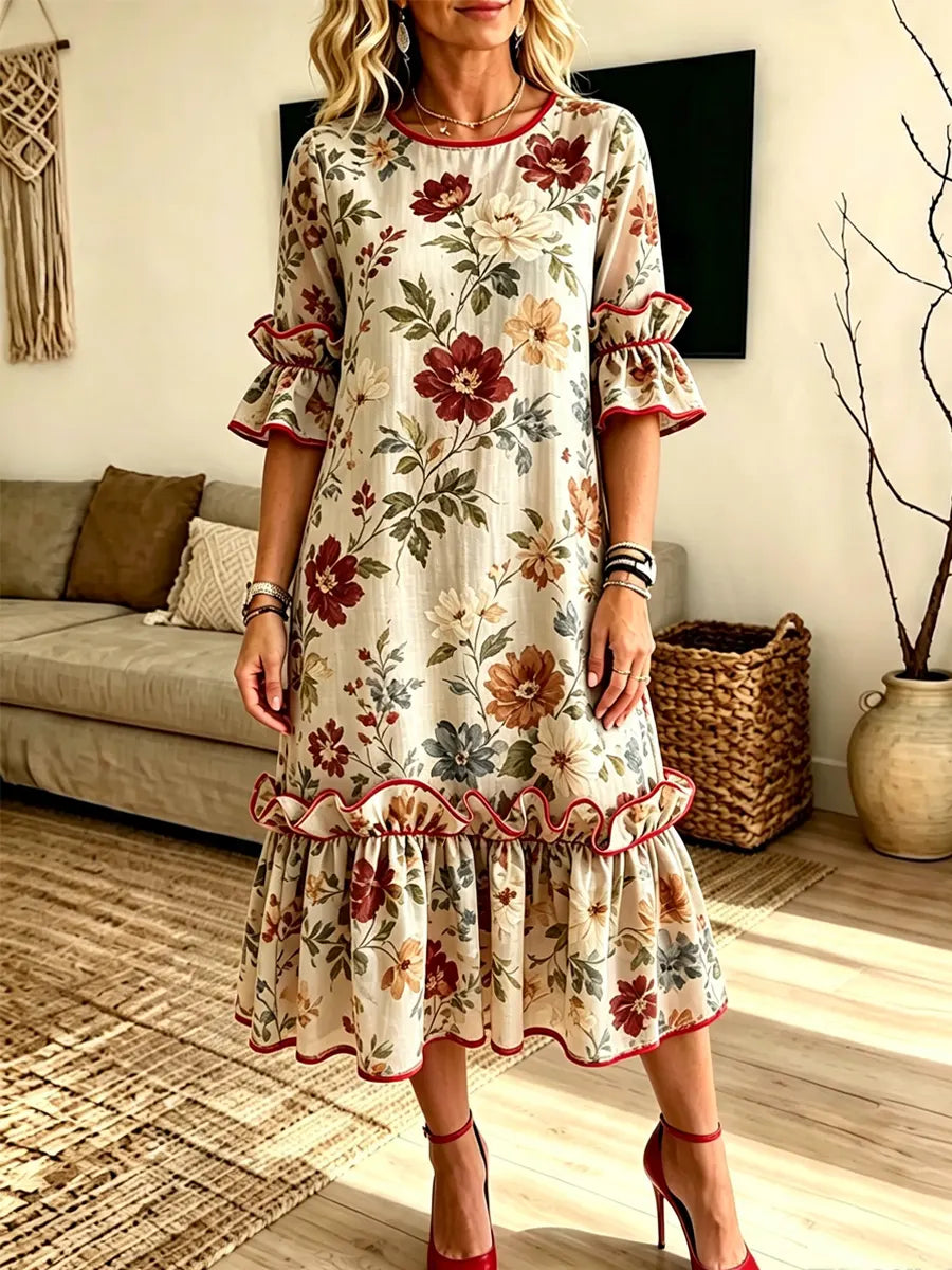 Retro Leopard Patchwork Pattern Art Print Casual Ruffle Stylish Cotton Linen Dress