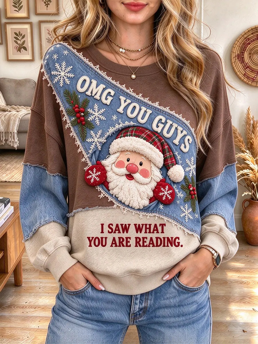 Women's Santa Claus And Cowboy Print Patchwork Crewneck Christmas Sweatshirt