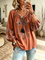 Women's Colorful Daisy Floral Print Tie Neck Puff Sleeve Top