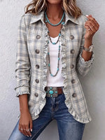 Retro Plaid Pattern Art Print Ruffle Casual Stylish Cotton Lapel Coat