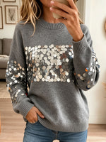 Women Crew Neck Sequin Embellished Oversized Knit Sweater