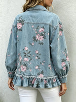 Women's Floral Print Ruffle Hem Denim Shirt
