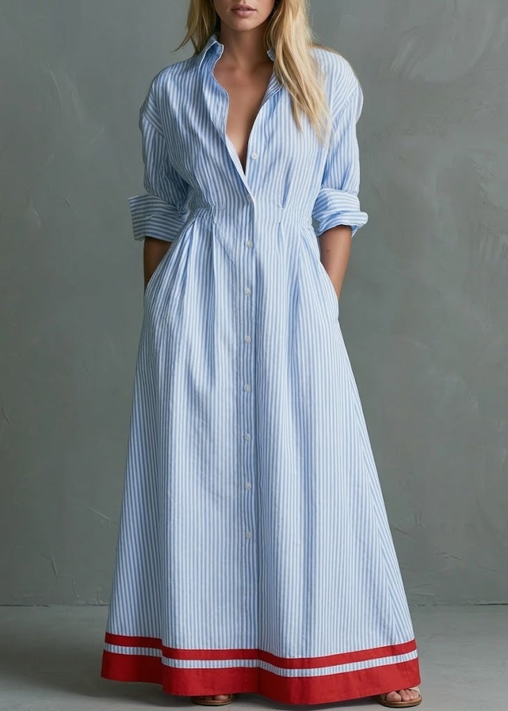 Women Striped Shirt Maxi Dress Collar Button Front Waist Cinched Contrast Red Hem Dress With Pockets