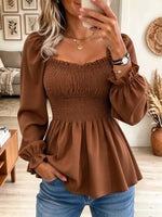 Women's Square Neck Smocked Long Puff Sleeve Peplum Blouse Casual Fall Tops