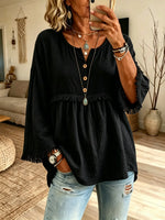 Women Fringe Trim Crew Neck Half Button 3/4 Sleeve Linen Blend Blouse