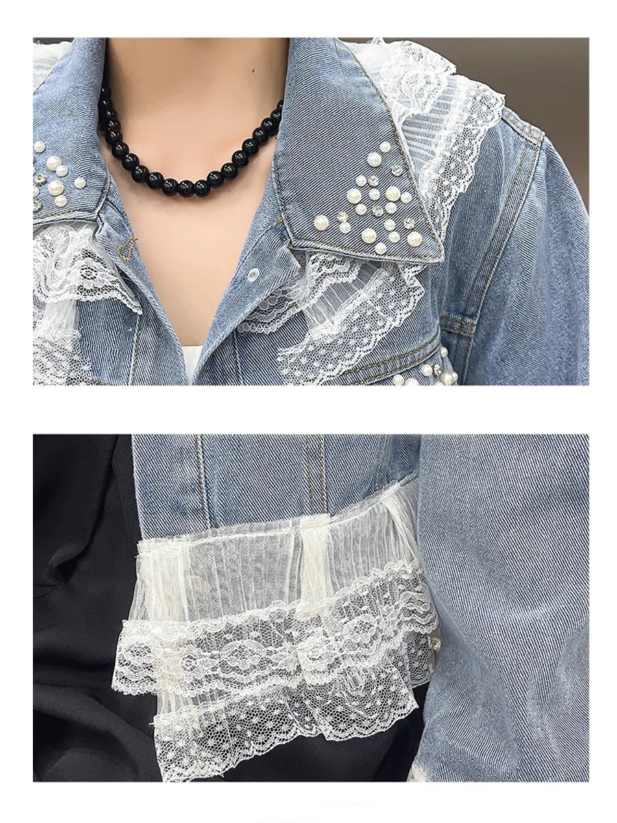 Retro Ruffled Lace Patchwork Pearls Art Casual Stylish Long Sleeve Denim Coat
