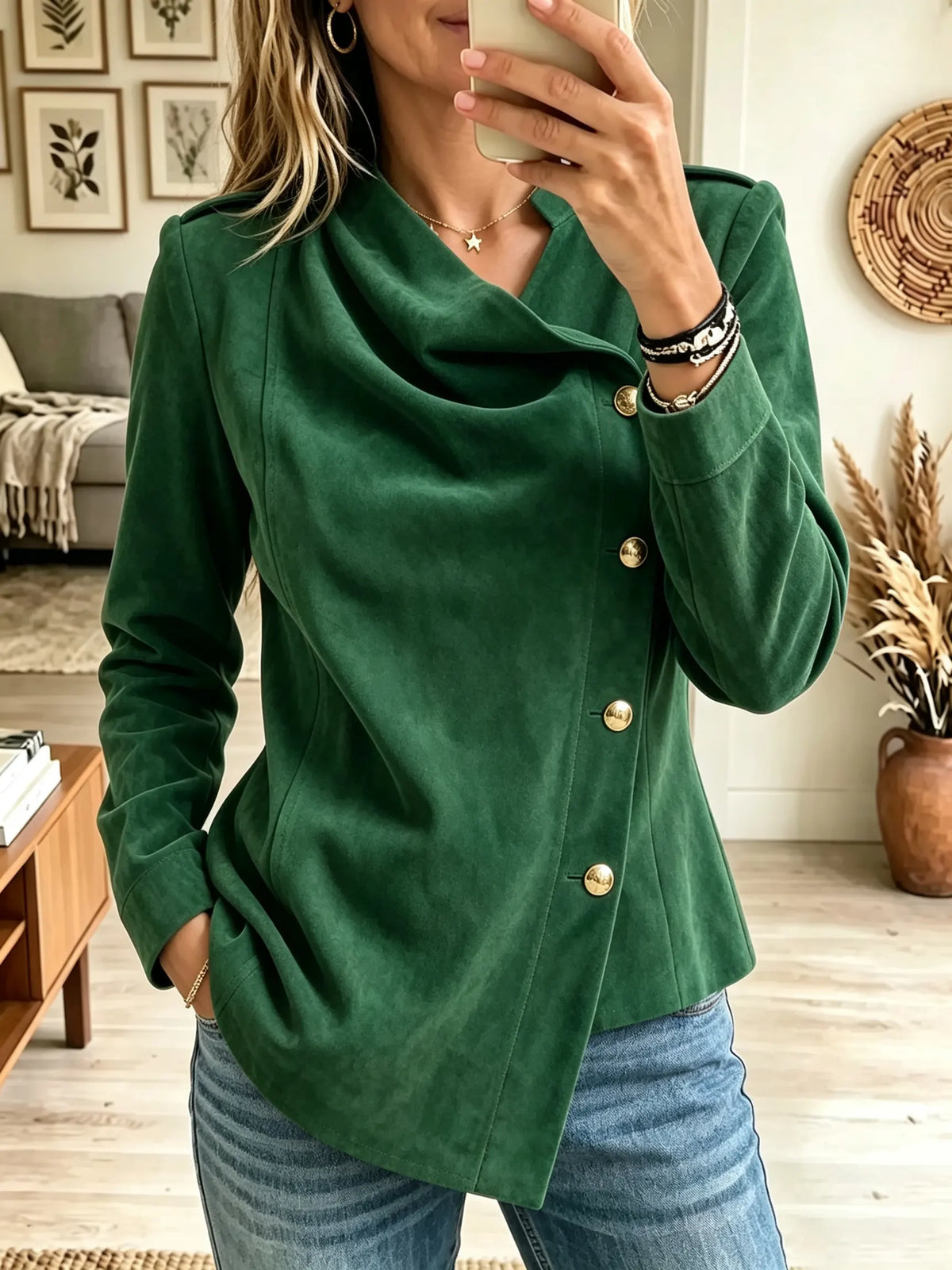 Women's Asymmetrical Button Draped Faux Suede Blouse
