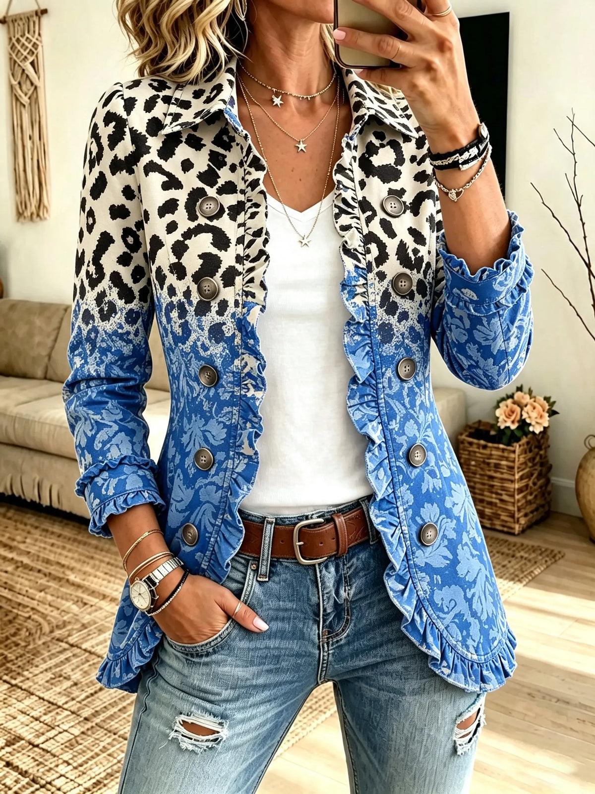 Women's Ombre Leopard Floral Ruffle Jacket