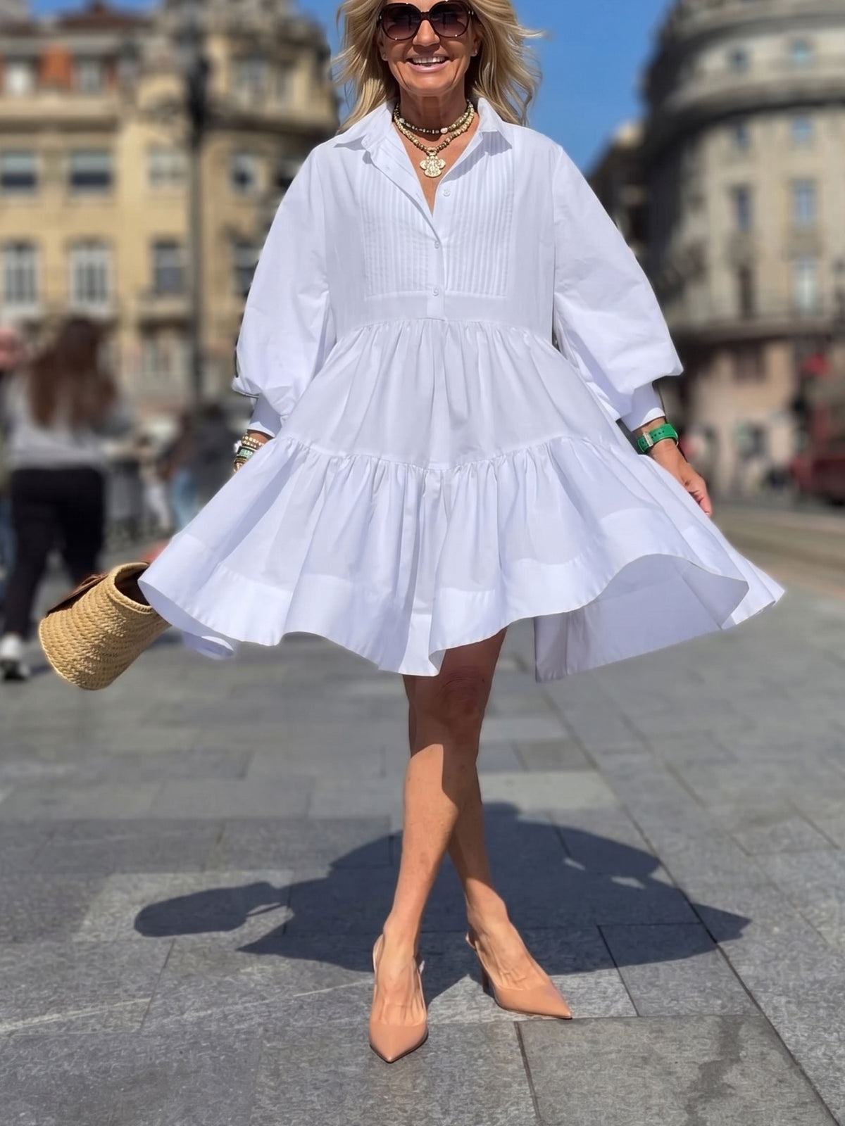 Women White Pleated Shirt Dress Balloon Sleeve Collared Loose Swing Mini Dress