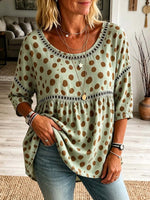 Retro Polka Dot Pattern Art Print Casual Hollow Short Sleeve Cotton Linen Shirt