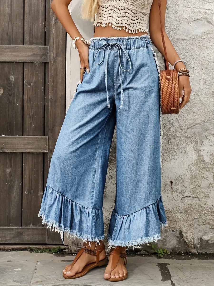 Retro Chic Ruffle Art Casual Stylish Wide Leg Denim Pants