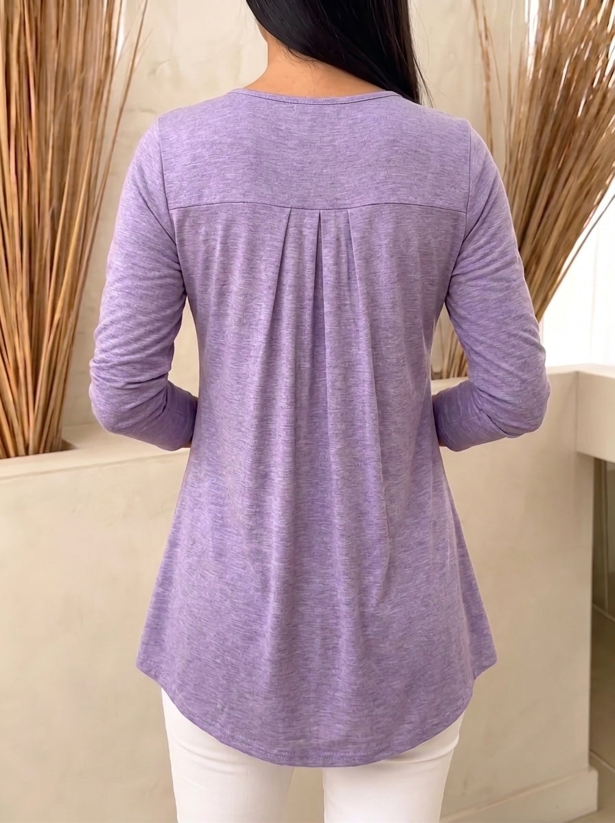 Women Round Neck Button Decor Long Sleeve Tunic Top Pleated Waist Swing Casual Blouse