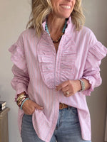Women Striped Ruffle Shirt Stand Collar Long Sleeve Button Down Loose Blouse