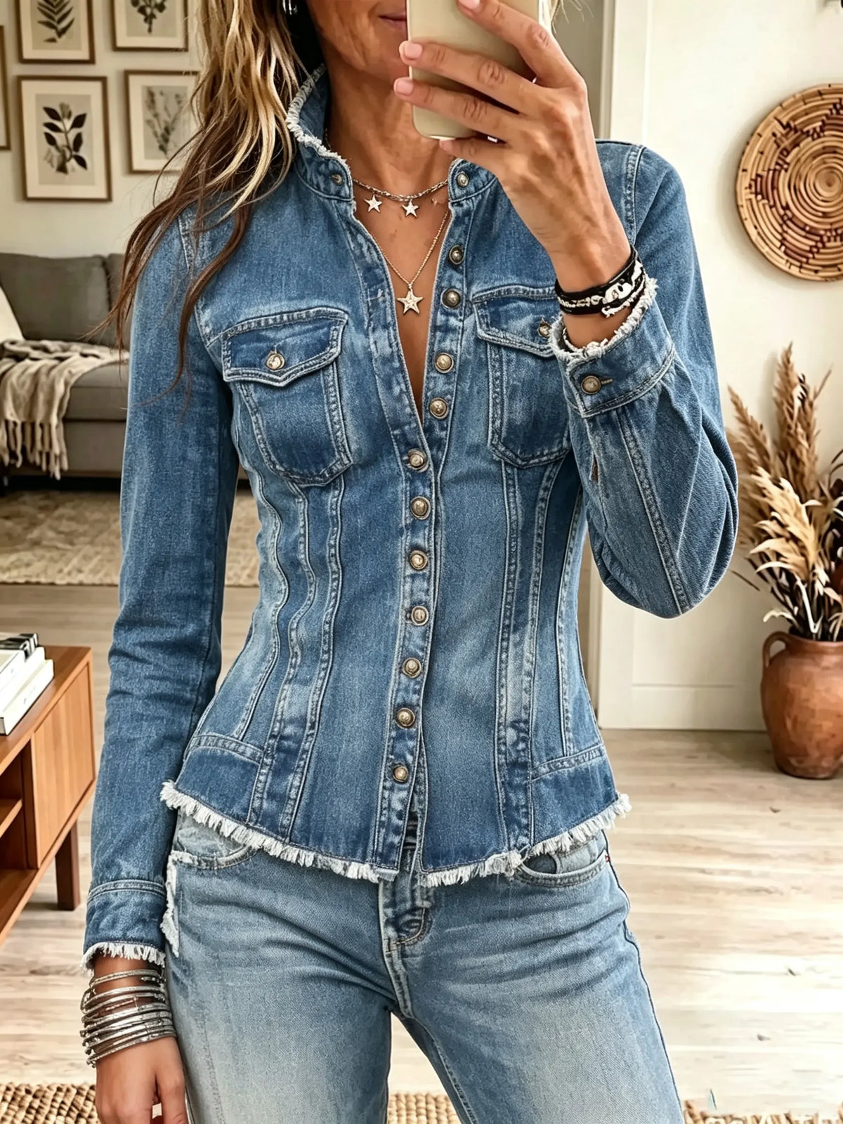 Women's Frayed Stand Collar Snap-Button Denim Shirt