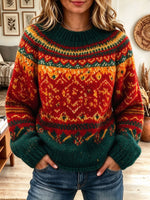Women's Fair Isle Pattern Festive Crew Neck Long Sleeve Knit Pullover Sweater