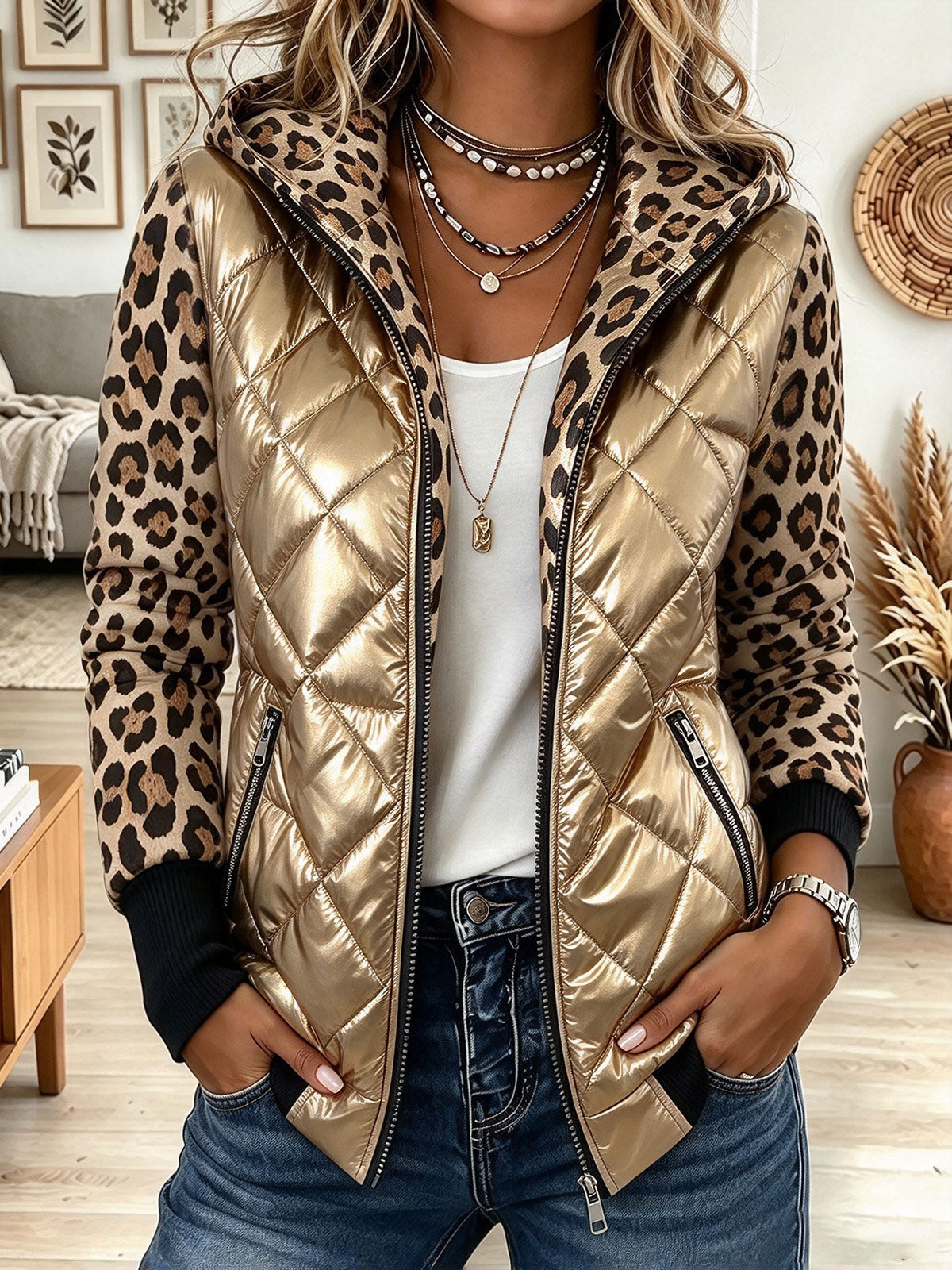 Women's Metallic Gold Quilted Puffer Jacket with Leopard Print Hood and Trim