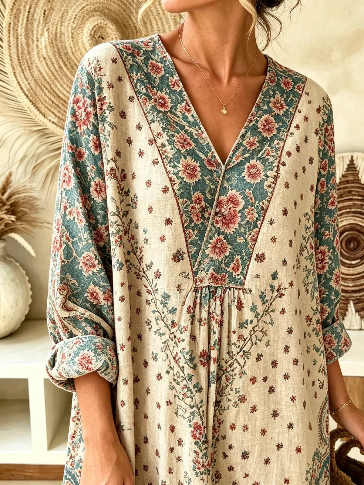 Women's Vintage Ditsy Floral Paisley Print V-Neck Maxi Dress
