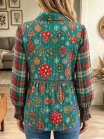 Women's Christmas Bauble Print Plaid Babydoll Blouse