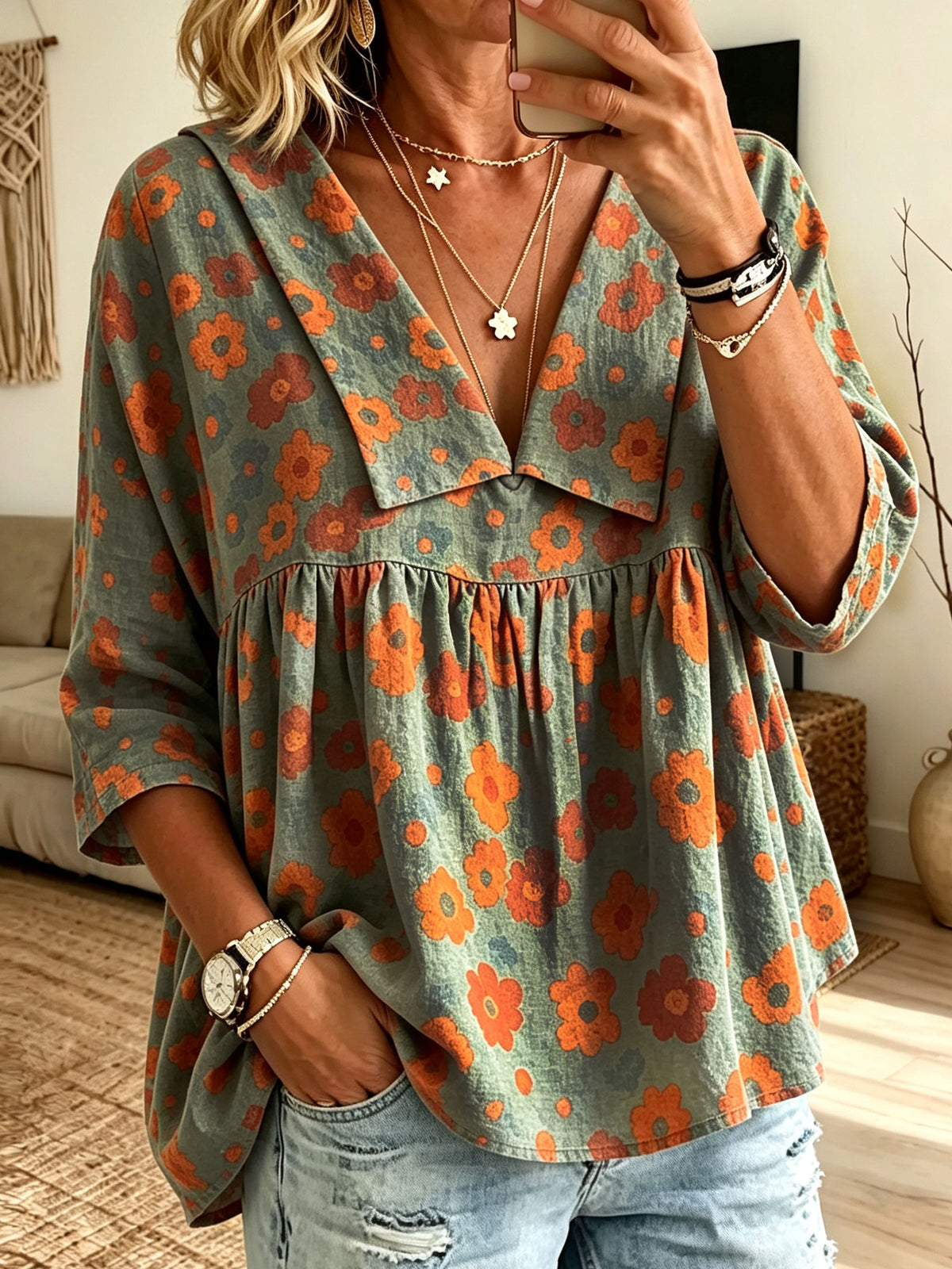 Floral Print Lapel V Neck 3/4 Sleeve Babydoll Linen Blouse