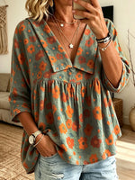 Floral Print Lapel V Neck 3/4 Sleeve Babydoll Linen Blouse