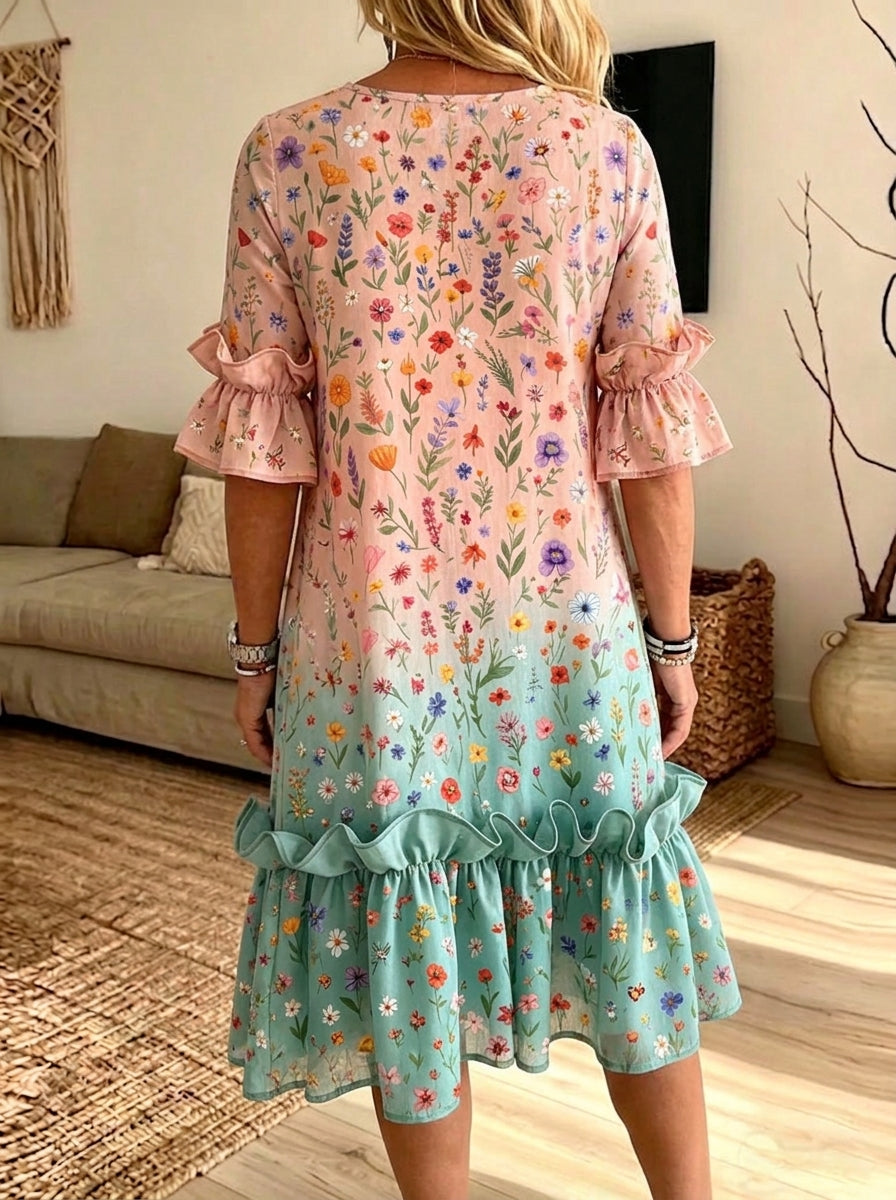 Gradient Ditsy Floral Ruffle Sleeve Midi Dress With Pockets