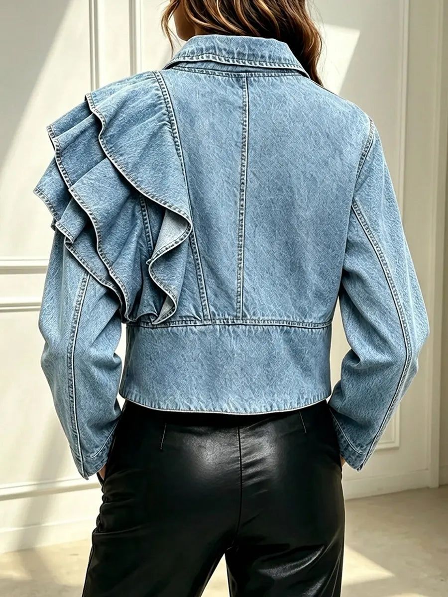 Retro Chic Ruffle Zip Art Casual Stylish Long Sleeve Denim Coat